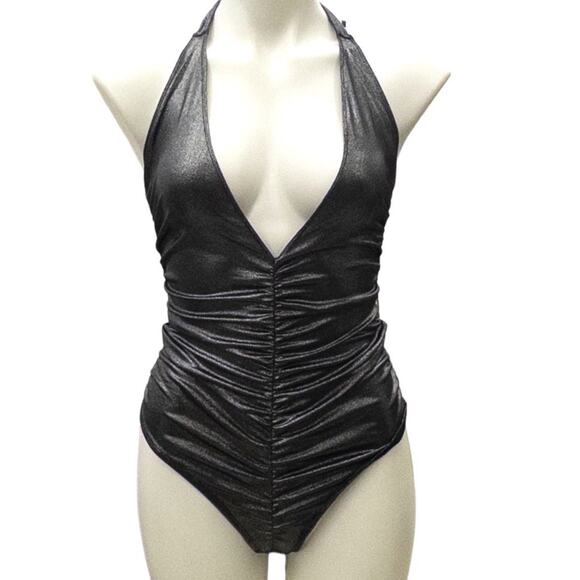 Frederick's of Hollywood Metallic Pewter Halter Top Deep V-Neck Bodysuit Large - Picture 2 of 5